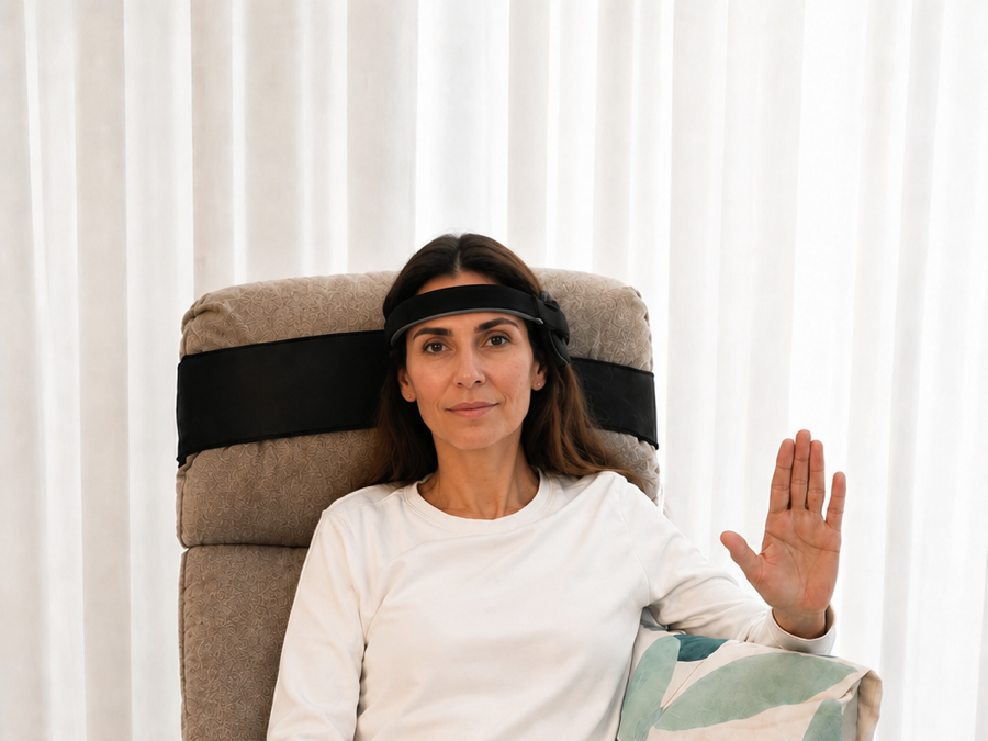 An adult supported by the Perimeter Belt in a recliner